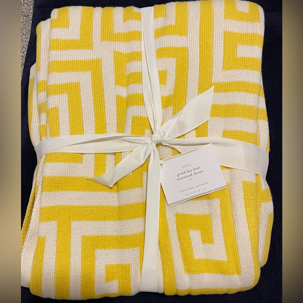 New Pottery Barn Greek Key Oversized Cotton Throw, 55X80” Marigold Yellow